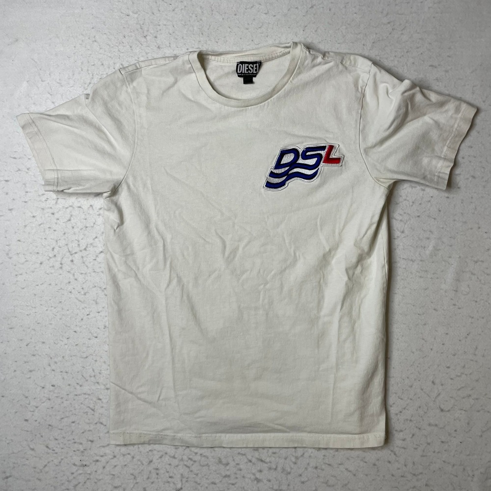 Diesel T-Shirt Mens Medium White DSL Logo Patch Short Sleeve Crew Neck Cotton